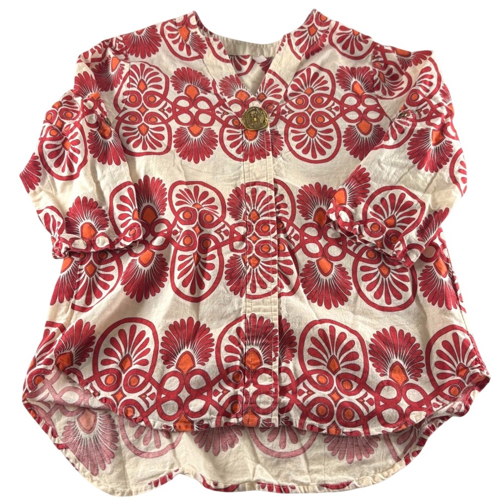 Kaktus Womens Linen Blend Medallion Print 3/4 Tab Sleeve V-Neck Blouse Cream Red
